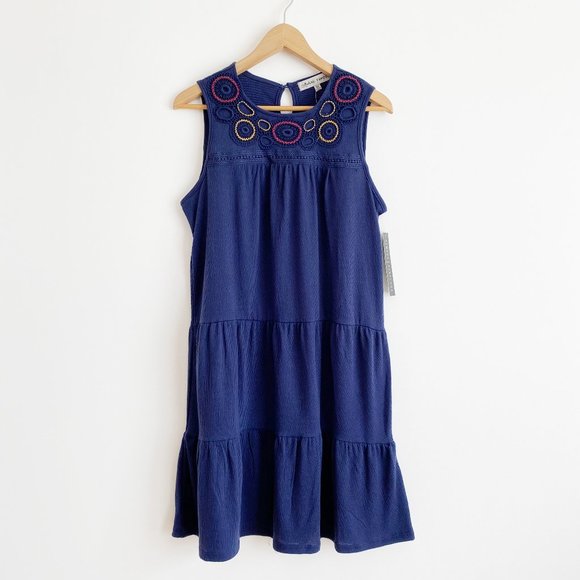 Absolutely Famous, Women's Sleeveless Embroidered Swing Dress, Navy Blue, Size M - Picture 1 of 9